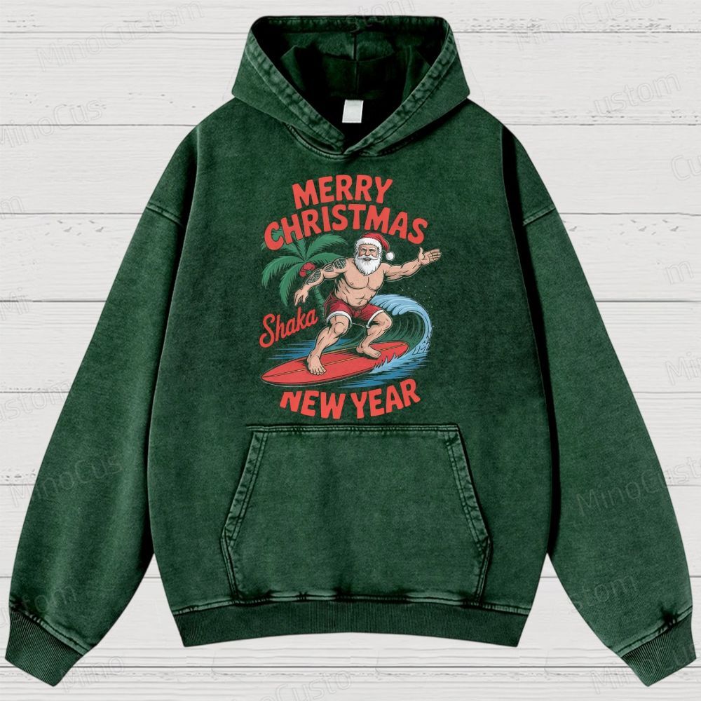 Surfing Santa Merry Christmas Retro Tropical Holiday Graphic Washed Vintage Hoodie
