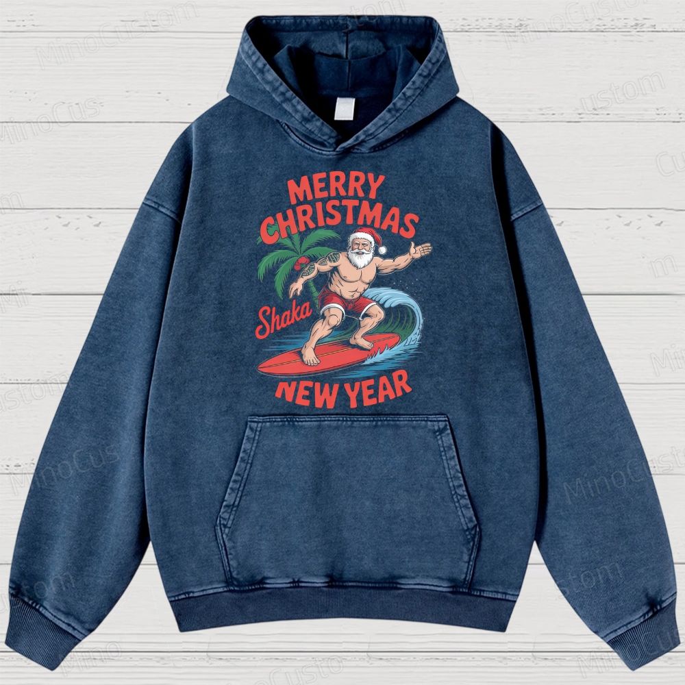 Surfing Santa Merry Christmas Retro Tropical Holiday Graphic Washed Vintage Hoodie