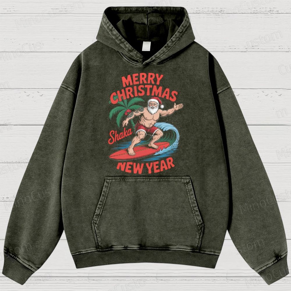 Surfing Santa Merry Christmas Retro Tropical Holiday Graphic Washed Vintage Hoodie