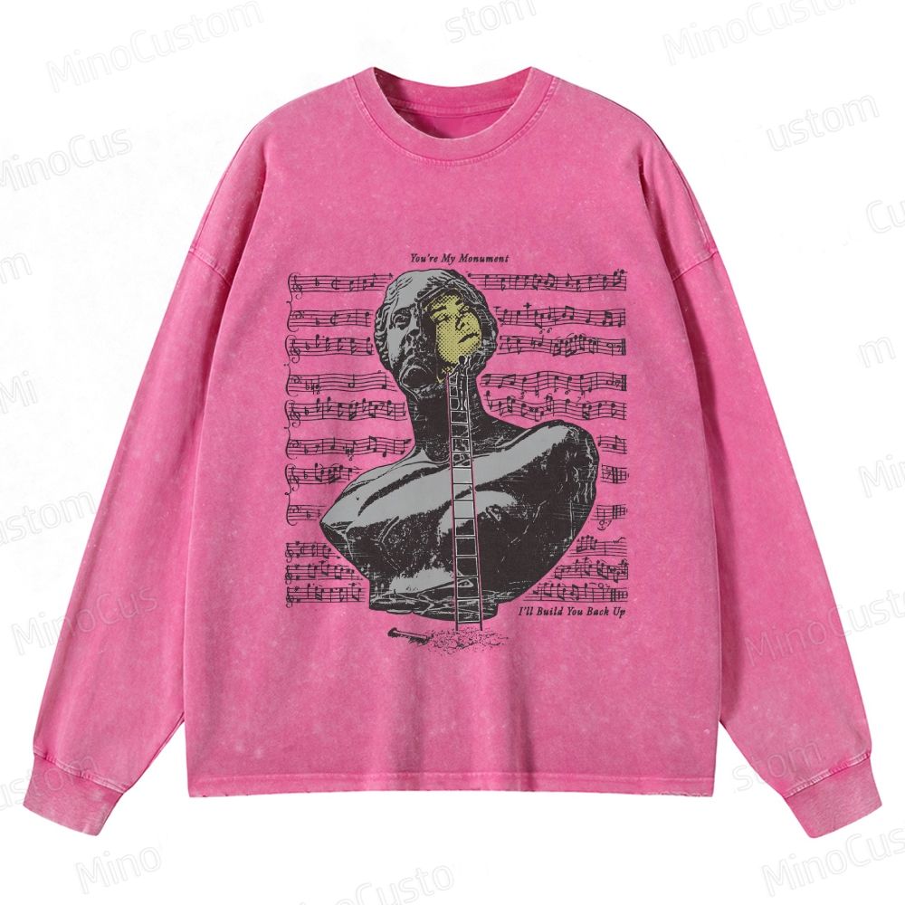 Artistic Bust & Music Notes Retro Graphic Washed Vintage Long-Sleeve T-Shirt