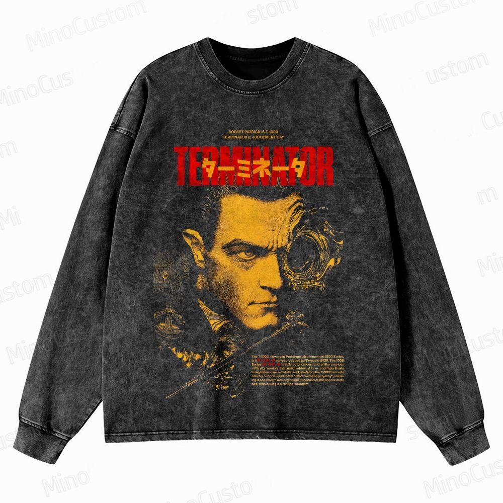Terminator 2: Judgment Day Retro Sci-Fi Action Graphic Washed Vintage Long-Sleeve T-Shirt