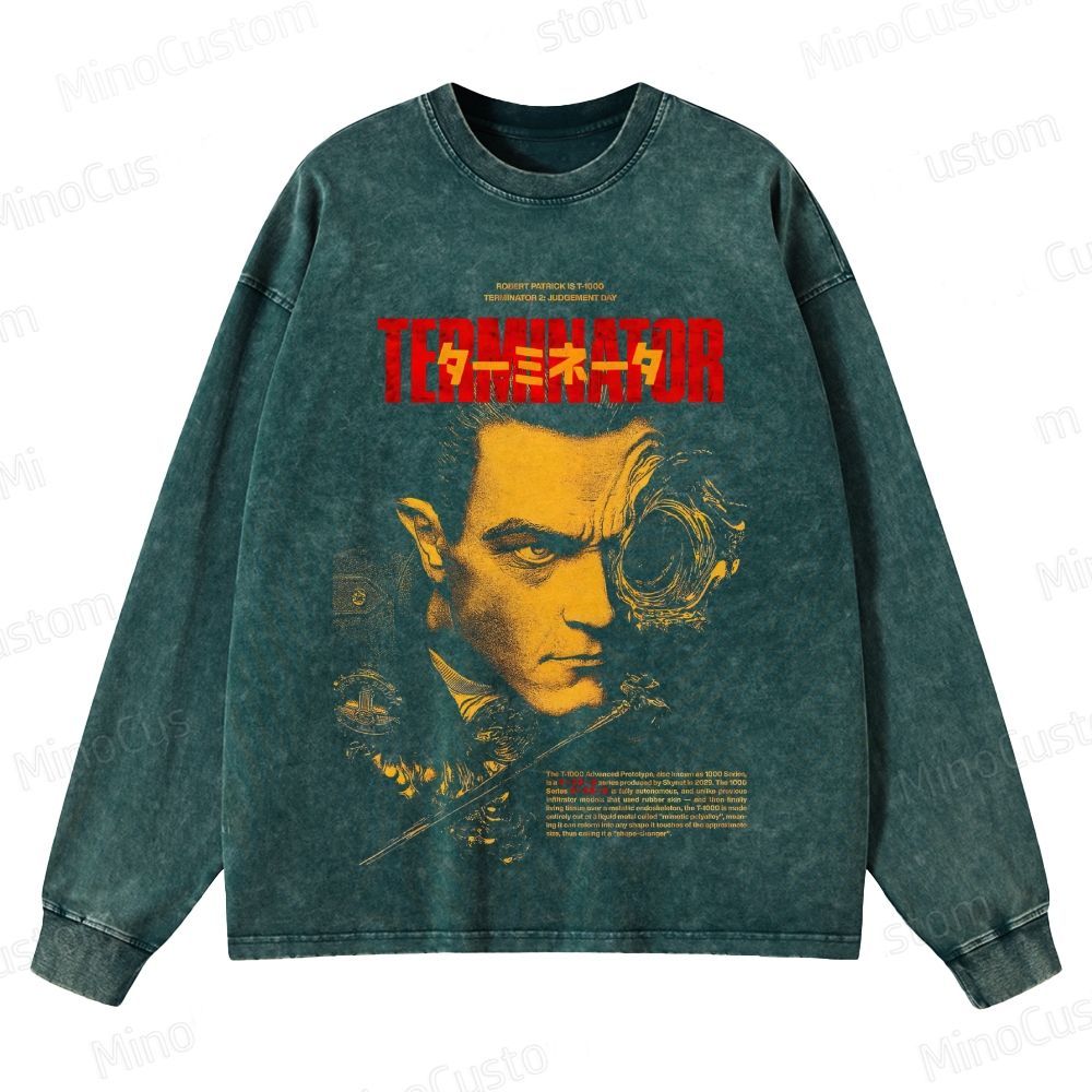 Terminator 2: Judgment Day Retro Sci-Fi Action Graphic Washed Vintage Long-Sleeve T-Shirt
