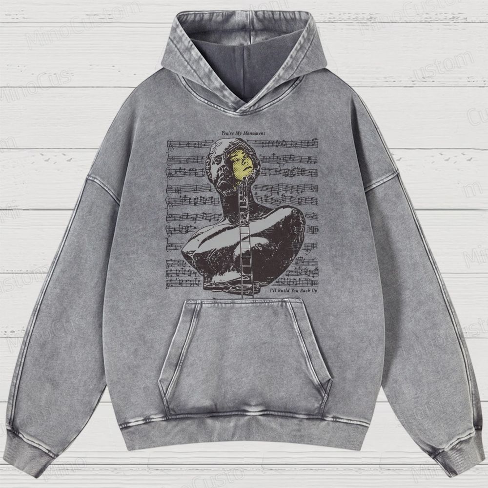 Artistic Bust & Music Notes Retro Graphic Washed Vintage Hoodie