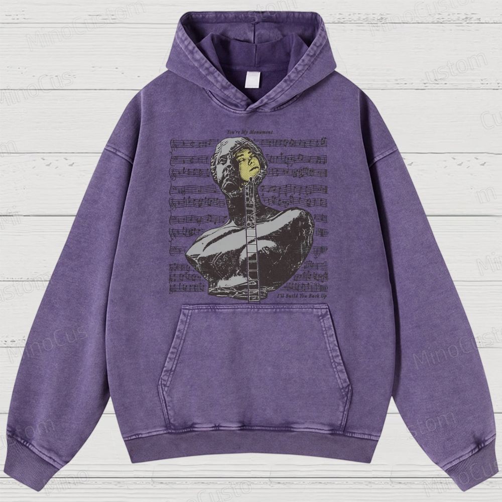 Artistic Bust & Music Notes Retro Graphic Washed Vintage Hoodie
