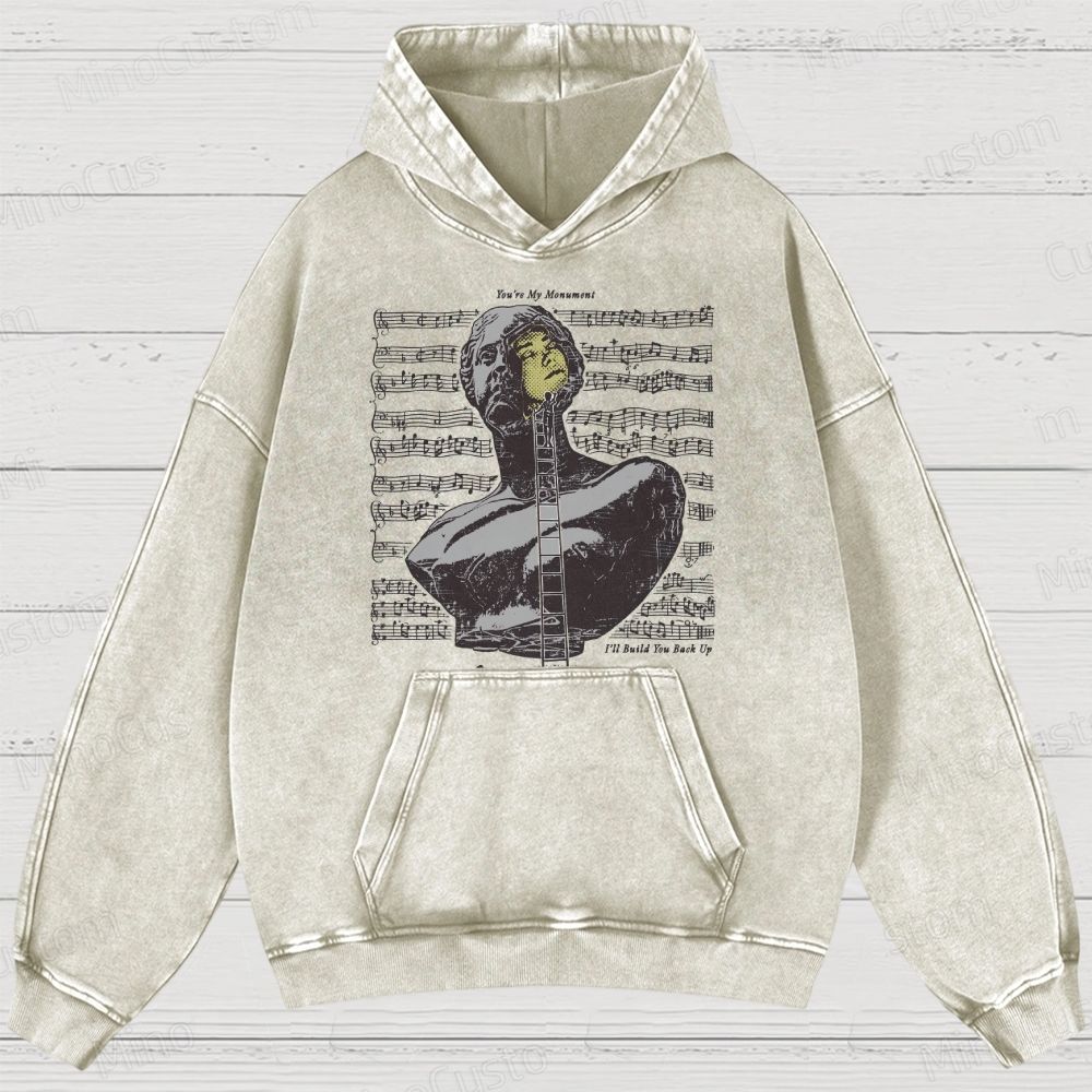 Artistic Bust & Music Notes Retro Graphic Washed Vintage Hoodie