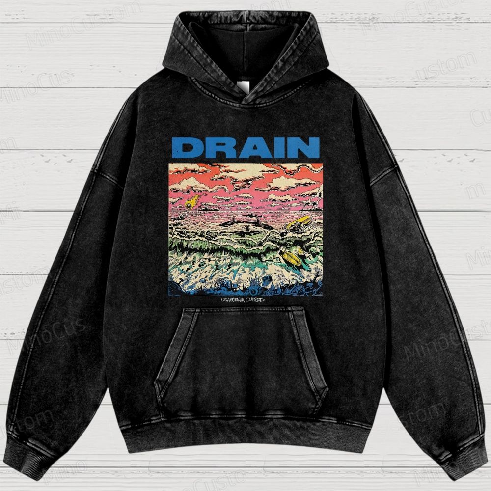 Drain: California Cursed Retro Art Graphic Washed Vintage Hoodie