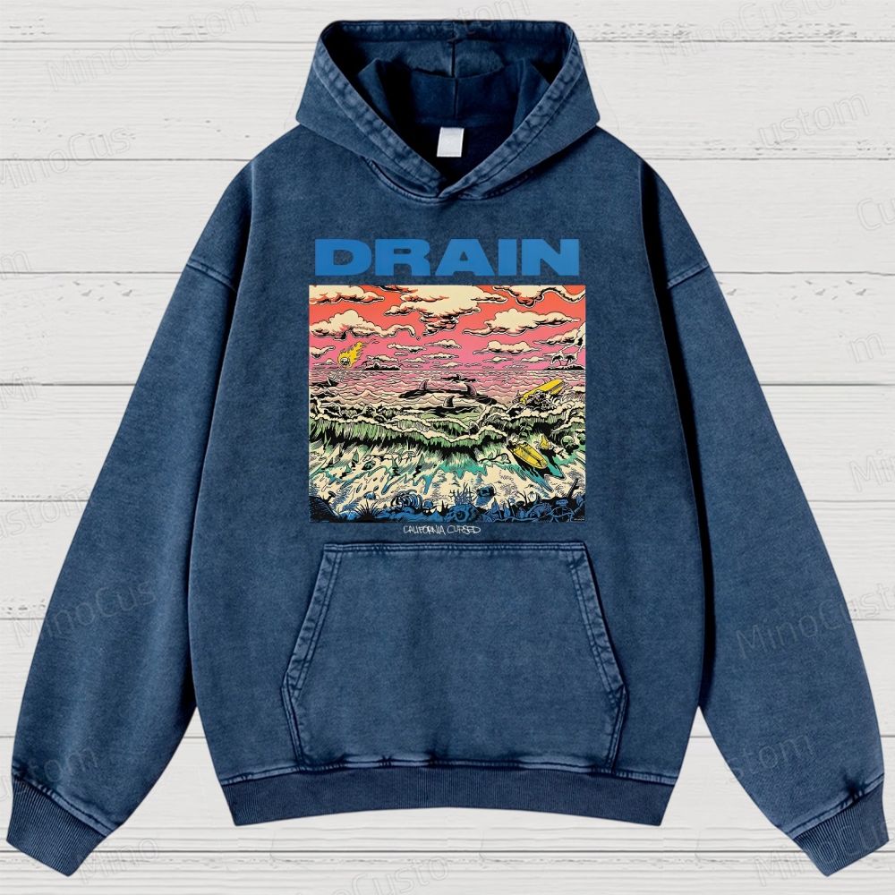 Drain: California Cursed Retro Art Graphic Washed Vintage Hoodie