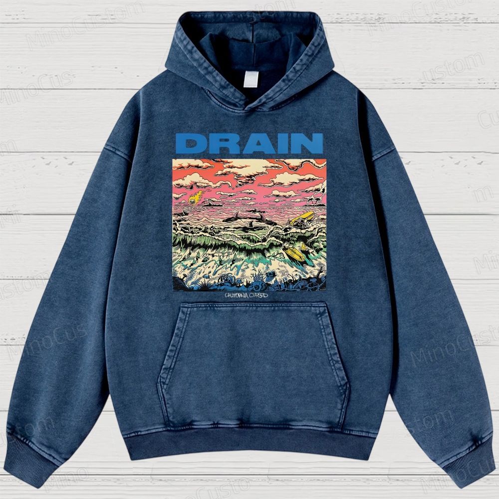 Drain: California Cursed Retro Art Graphic Washed Vintage Hoodie