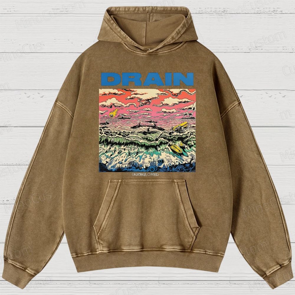 Drain: California Cursed Retro Art Graphic Washed Vintage Hoodie