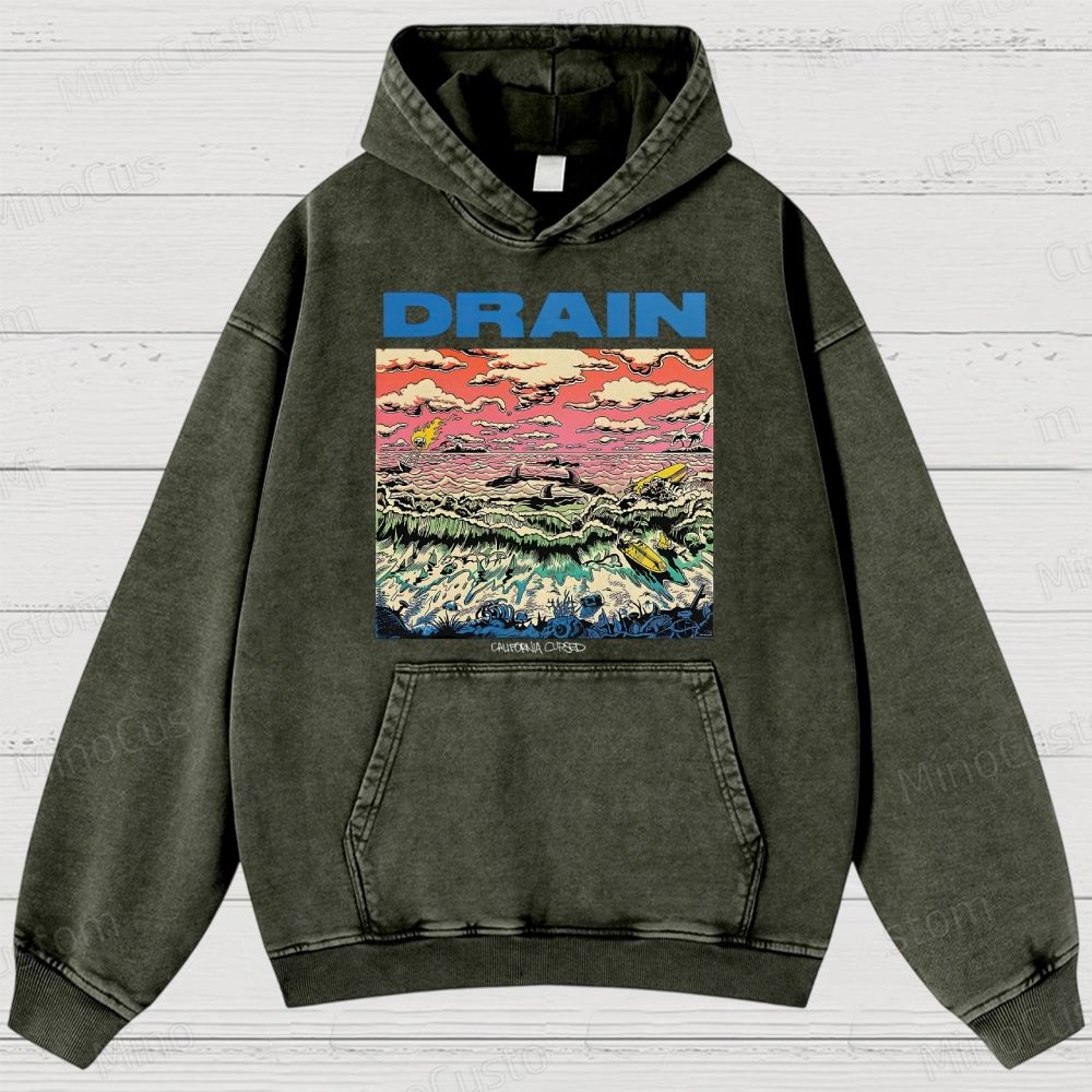 Drain: California Cursed Retro Art Graphic Washed Vintage Hoodie