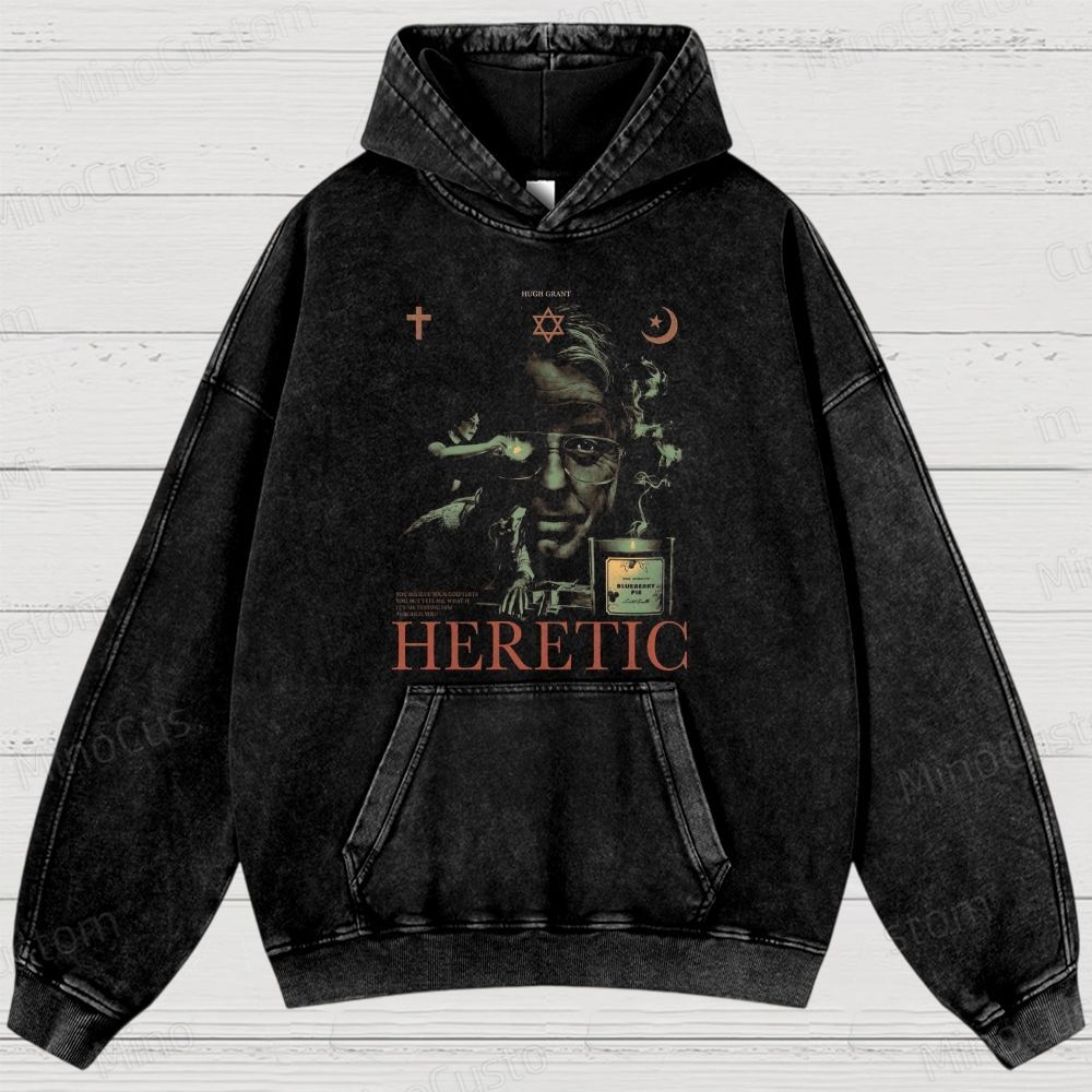 Heretic Retro Horror Thriller Graphic Washed Vintage Hoodie