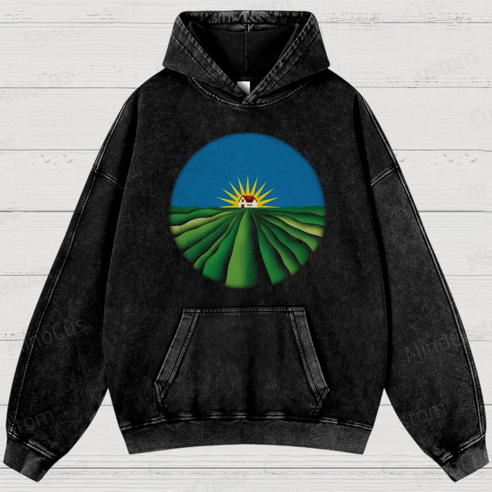 Artistic Rural Scene Retro Graphic Washed Vintage Hoodie