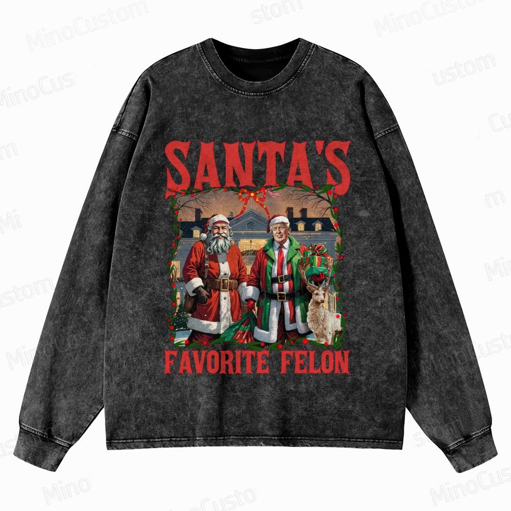 Satirical Christmas Retro Graphic Washed Vintage Long-Sleeve T-Shirt