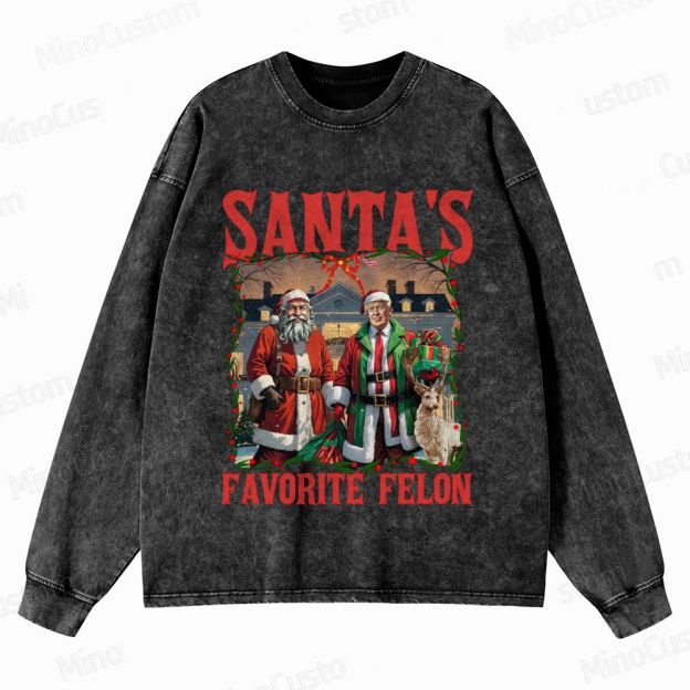 Satirical Christmas Retro Graphic Washed Vintage Long-Sleeve T-Shirt