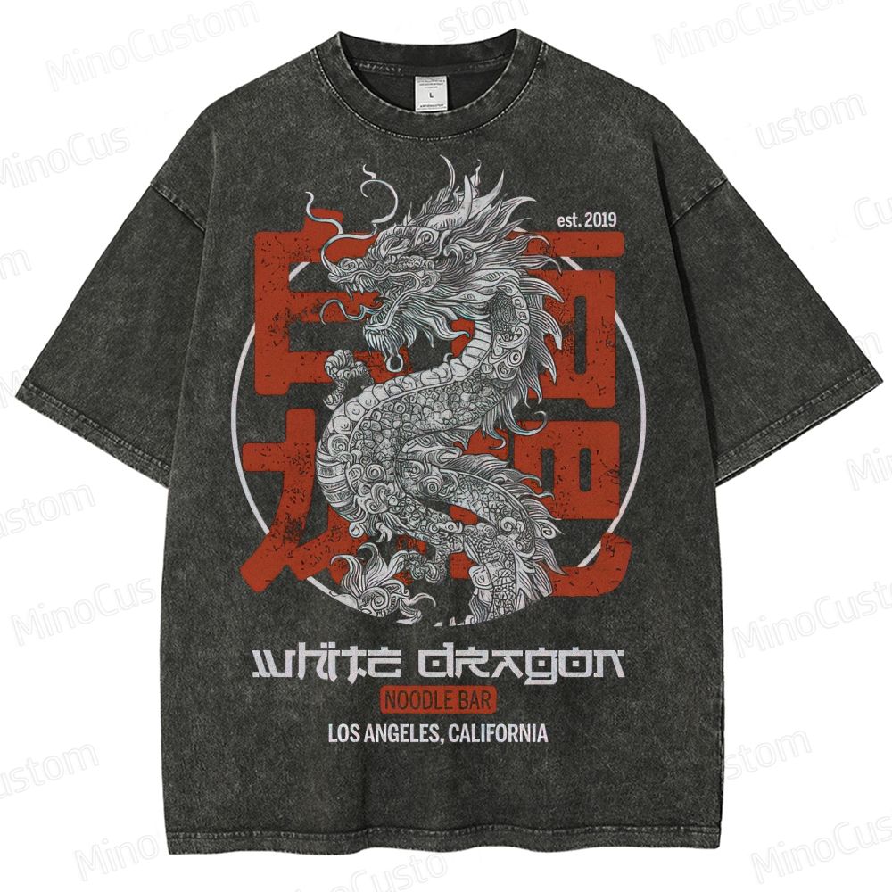 White Dragon Noodle Bar Retro Graphic Washed Vintage T-Shirt