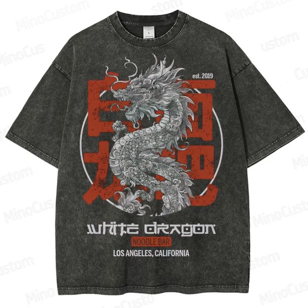 White Dragon Noodle Bar Retro Graphic Washed Vintage T-Shirt