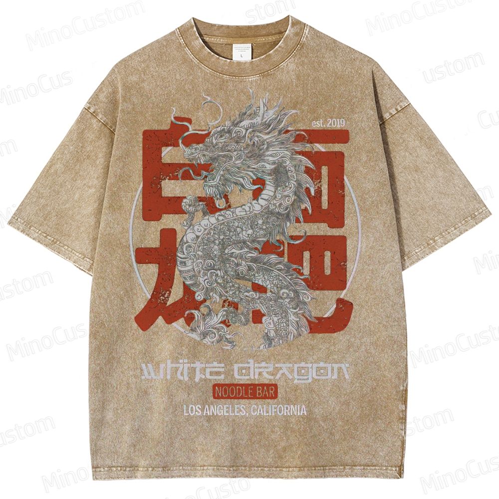 White Dragon Noodle Bar Retro Graphic Washed Vintage T-Shirt