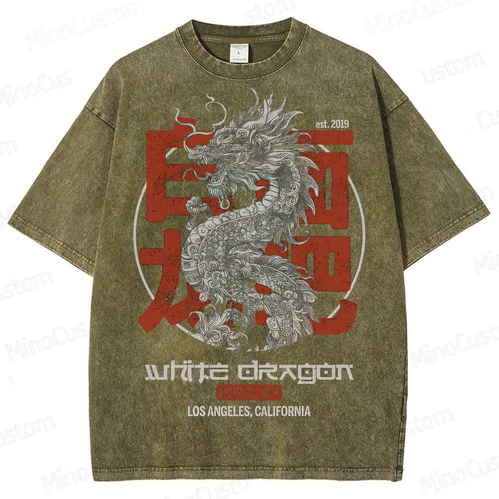 White Dragon Noodle Bar Retro Graphic Washed Vintage T-Shirt