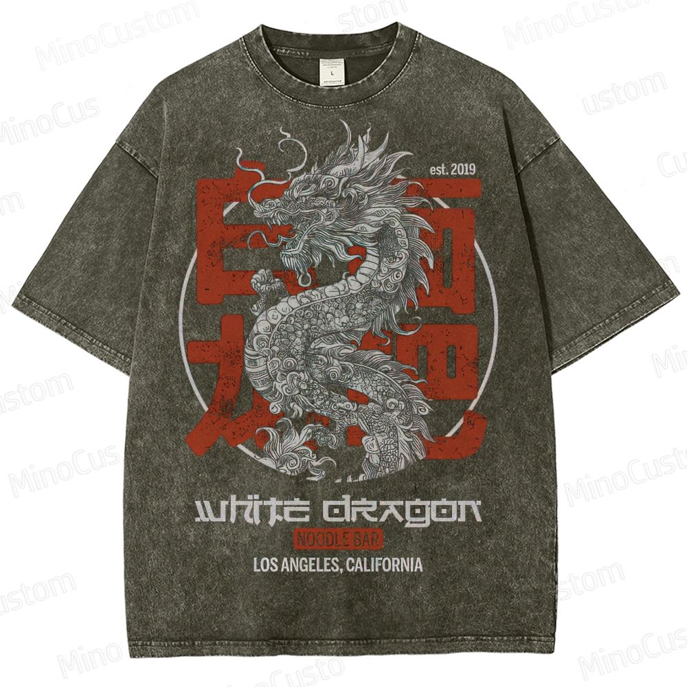 White Dragon Noodle Bar Retro Graphic Washed Vintage T-Shirt