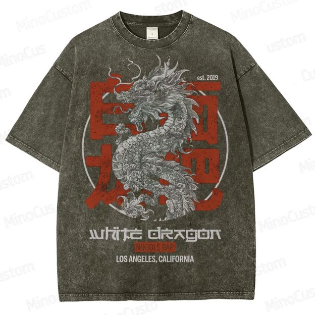White Dragon Noodle Bar Retro Graphic Washed Vintage T-Shirt