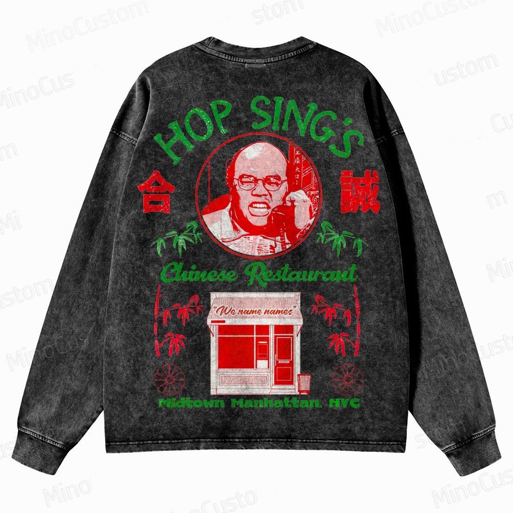 Seinfeld Hop Sing's Chinese Restaurant Retro Comedy Graphic Washed Vintage Long Sleeve Shirt