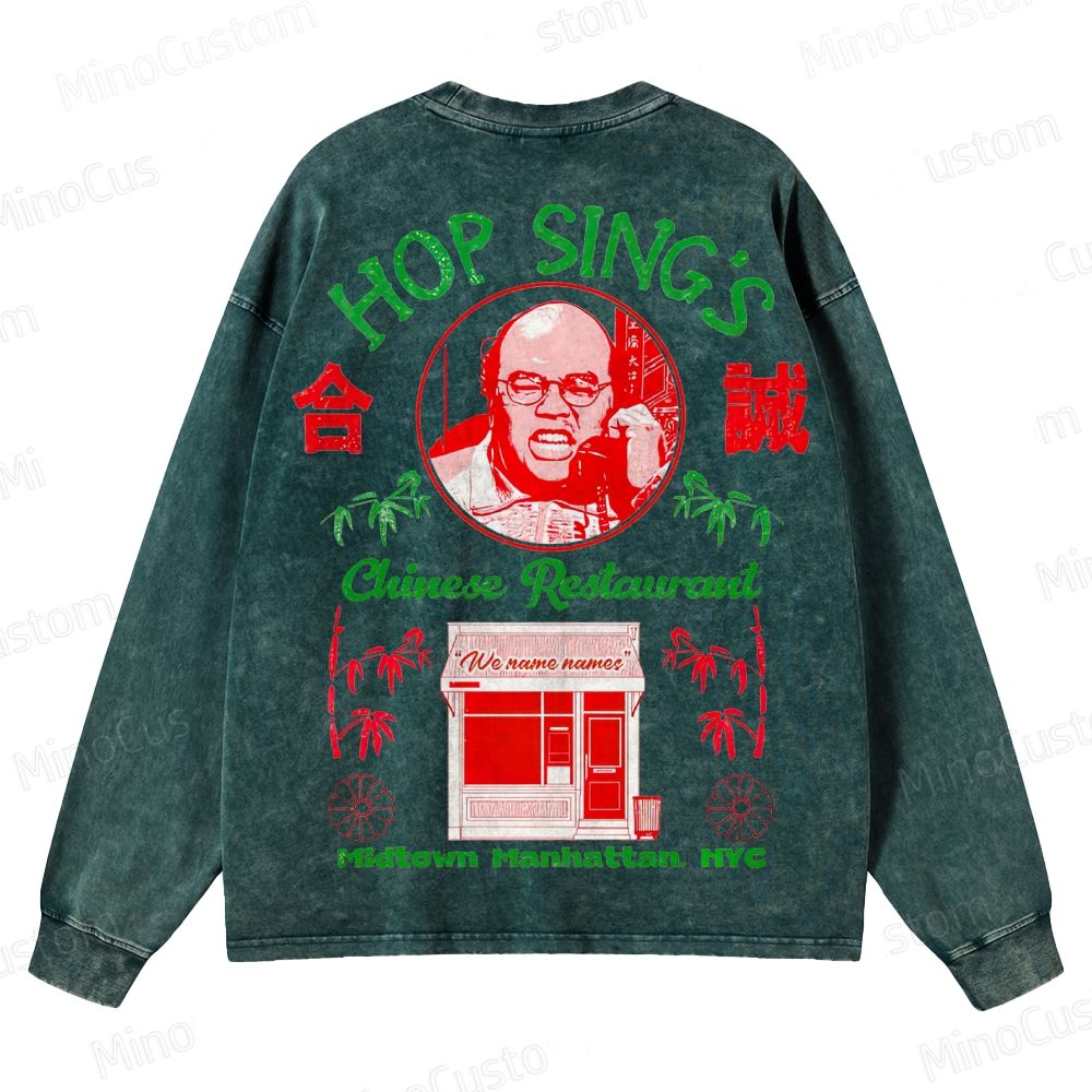 Seinfeld Hop Sing's Chinese Restaurant Retro Comedy Graphic Washed Vintage Long Sleeve Shirt