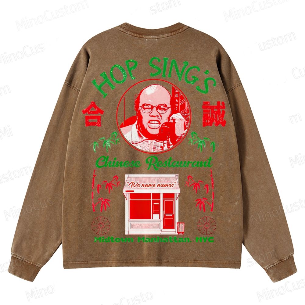 Seinfeld Hop Sing's Chinese Restaurant Retro Comedy Graphic Washed Vintage Long Sleeve Shirt