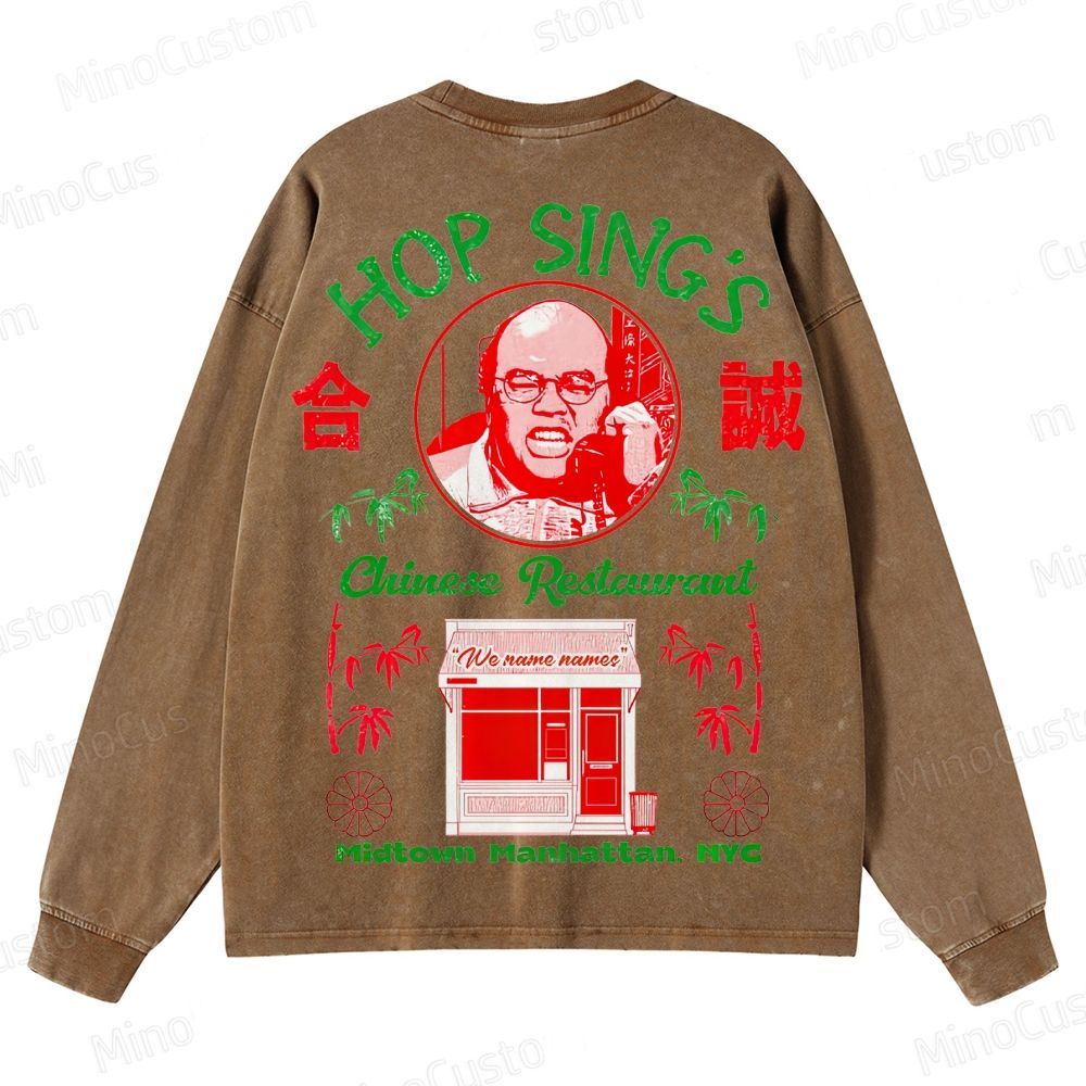 Seinfeld Hop Sing's Chinese Restaurant Retro Comedy Graphic Washed Vintage Long Sleeve Shirt