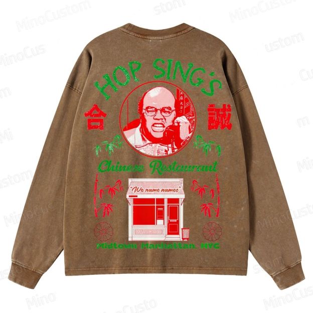 Seinfeld Hop Sing's Chinese Restaurant Retro Comedy Graphic Washed Vintage Long Sleeve Shirt