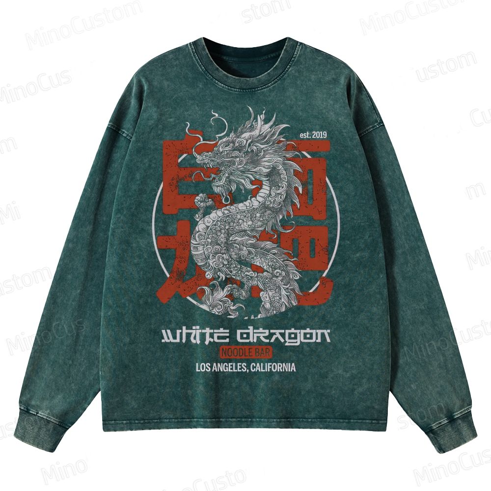 Blade Runner 2049 White Dragon Noodle Bar Retro Sci-Fi Graphic Washed Vintage Long Sleeve Shirt