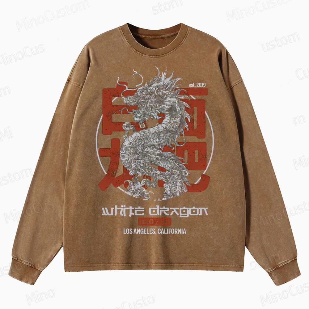 Blade Runner 2049 White Dragon Noodle Bar Retro Sci-Fi Graphic Washed Vintage Long Sleeve Shirt