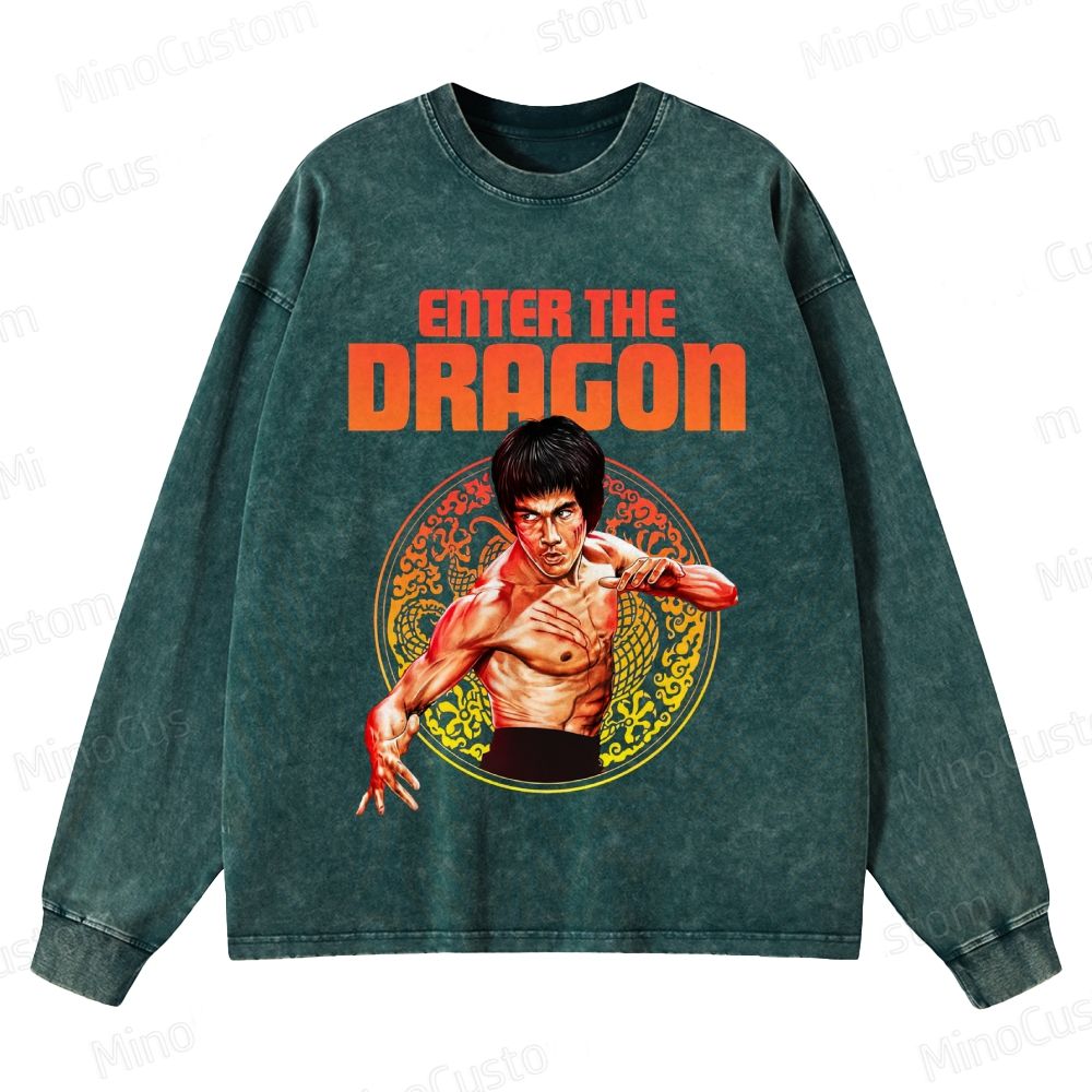 Enter the Dragon Retro Martial Arts Action Graphic Washed Vintage Long Sleeve Shirt