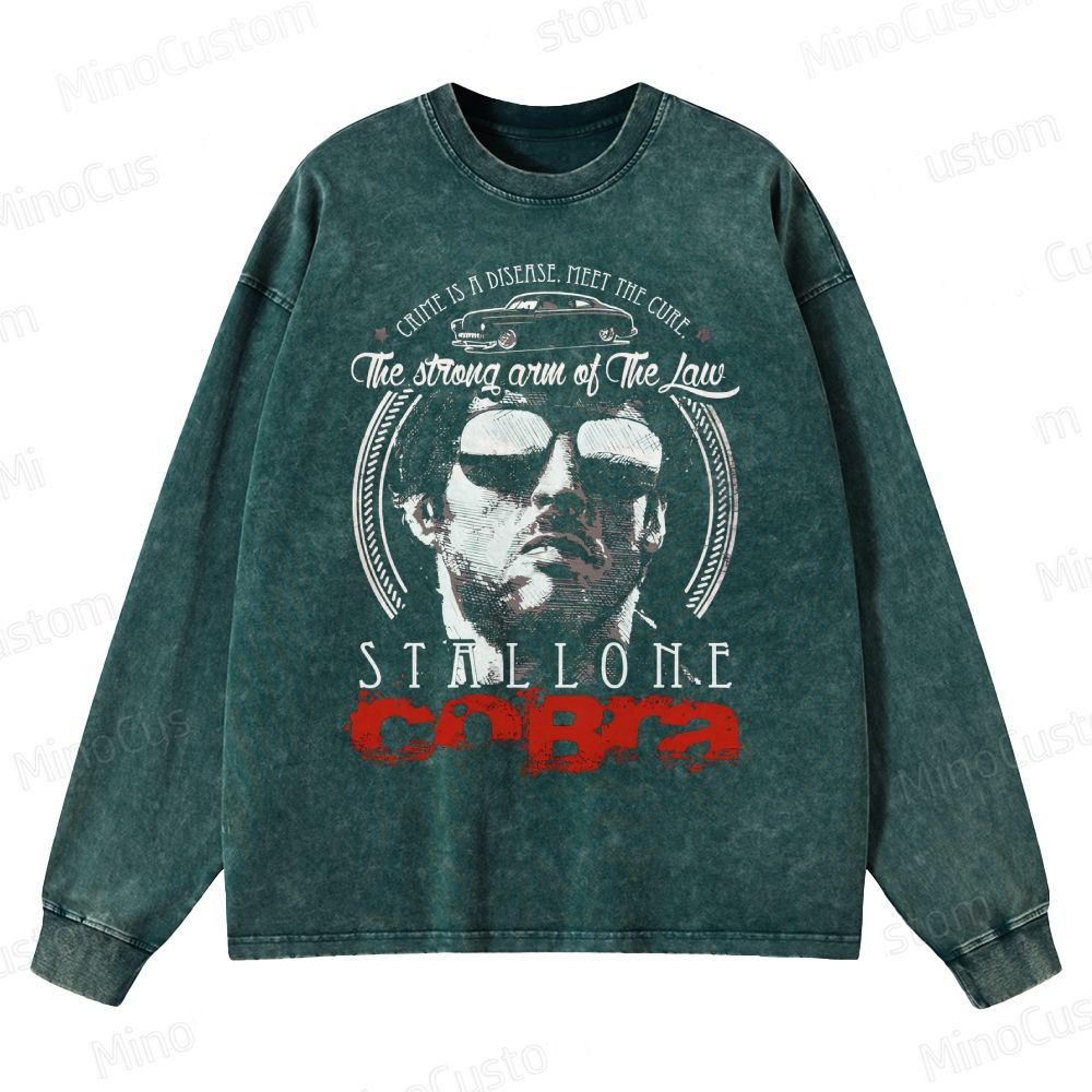 Cobra Retro Action Crime Graphic Washed Vintage Long Sleeve Shirt