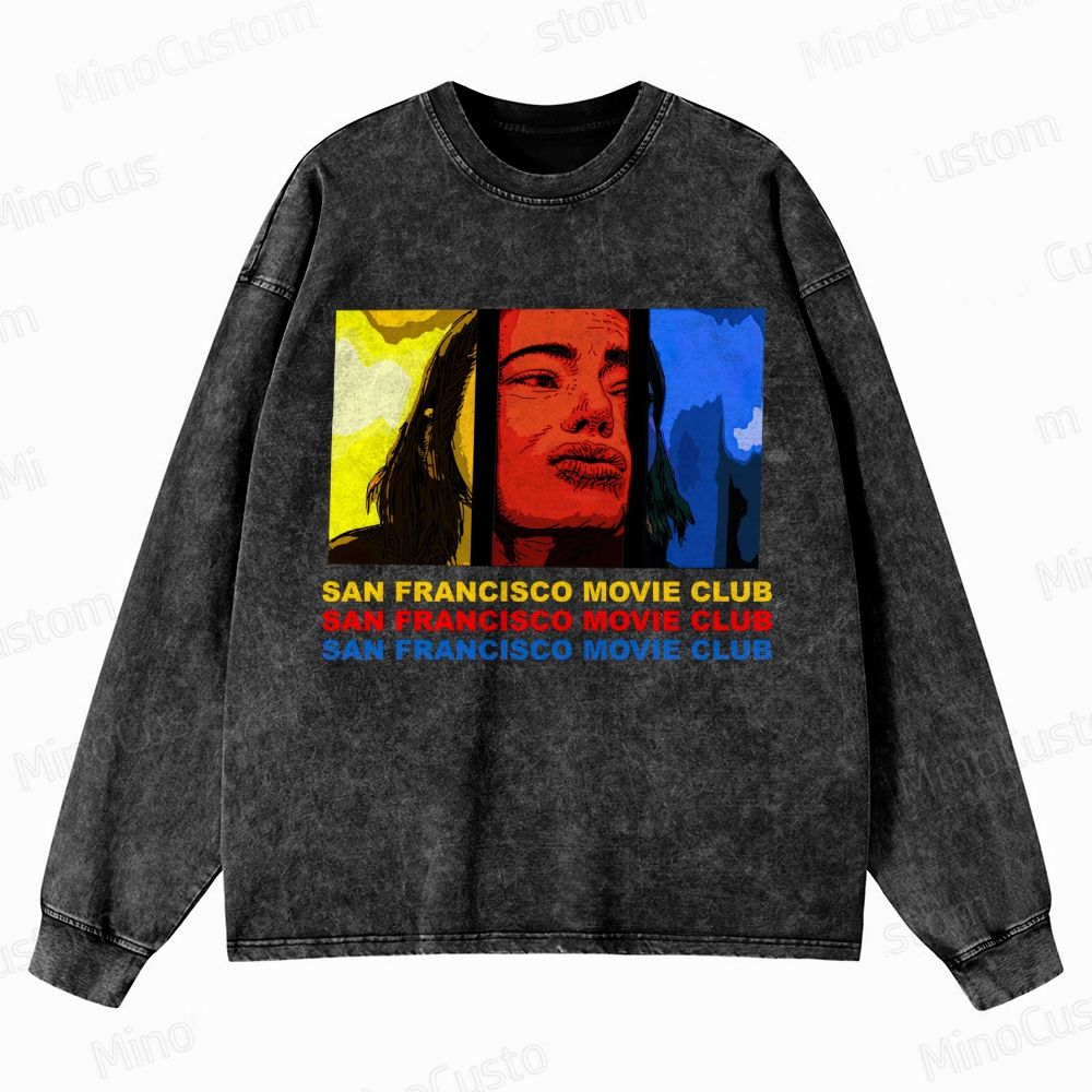 San Francisco Movie Club Retro Art Graphic Washed Vintage Long Sleeve Shirt