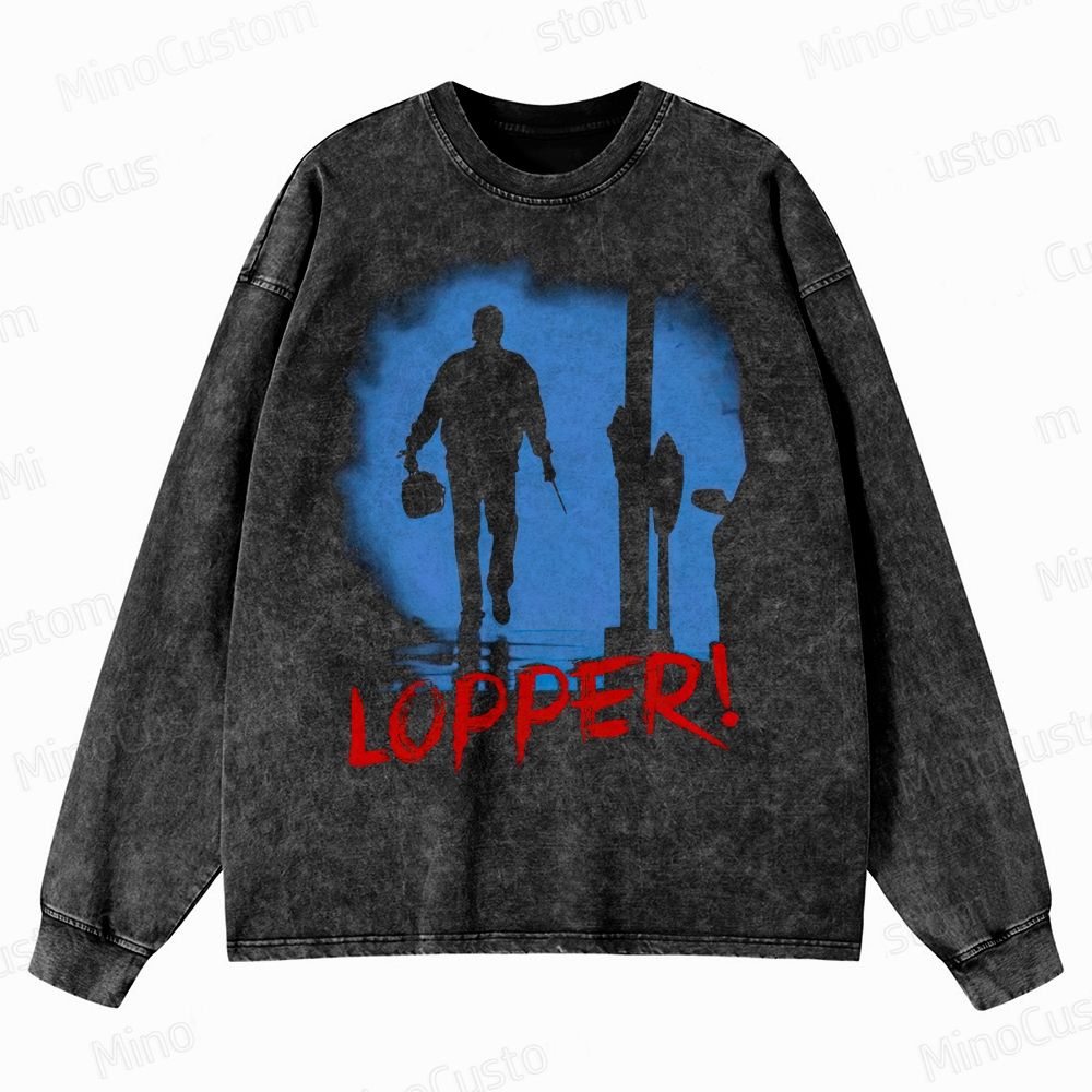 Looper Retro Sci-Fi Action Graphic Washed Vintage Long Sleeve Shirt