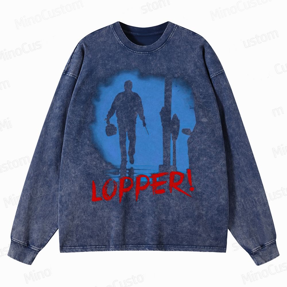 Looper Retro Sci-Fi Action Graphic Washed Vintage Long Sleeve Shirt