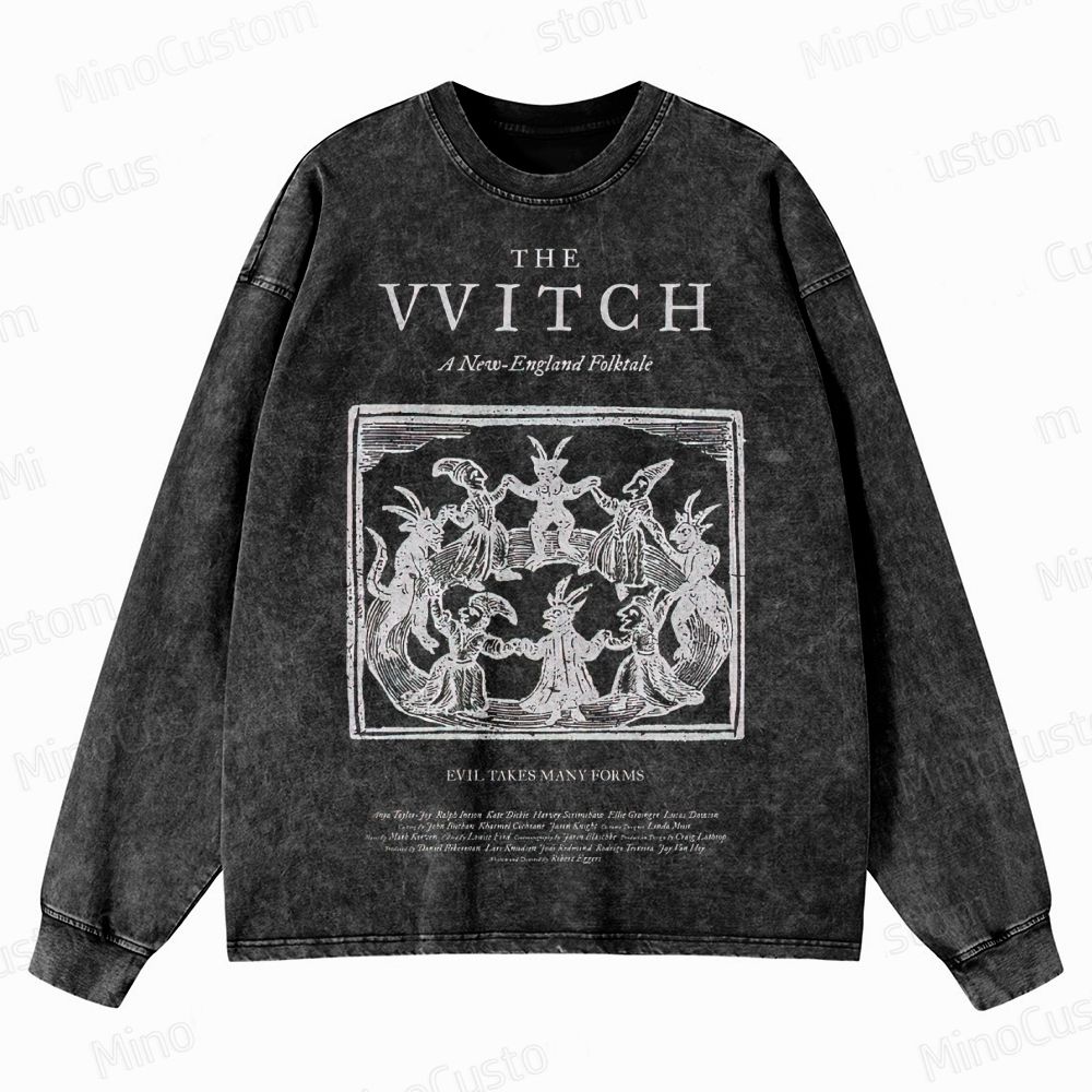 The Witch Retro Horror Folk Graphic Washed Vintage Long Sleeve Shirt