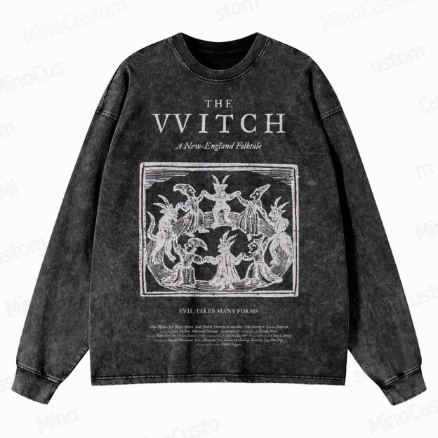 The Witch Retro Horror Folk Graphic Washed Vintage Long Sleeve Shirt