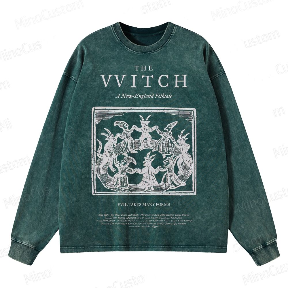 The Witch Retro Horror Folk Graphic Washed Vintage Long Sleeve Shirt