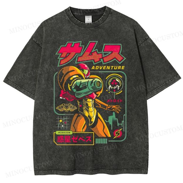 Metroid Samus Adventure Retro Game Sci-Fi Graphic Washed Vintage T-Shirt