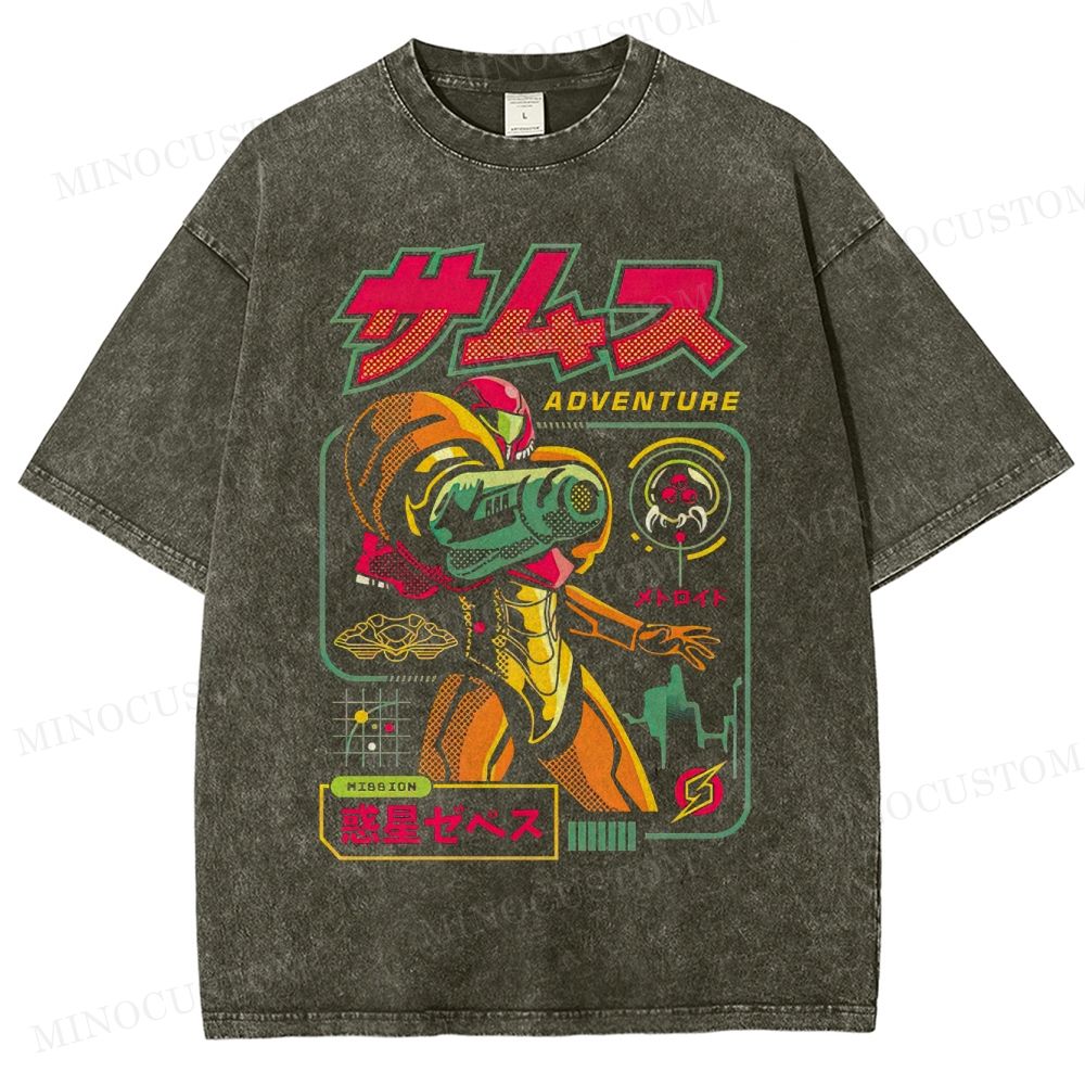 Metroid Samus Adventure Retro Game Sci-Fi Graphic Washed Vintage T-Shirt