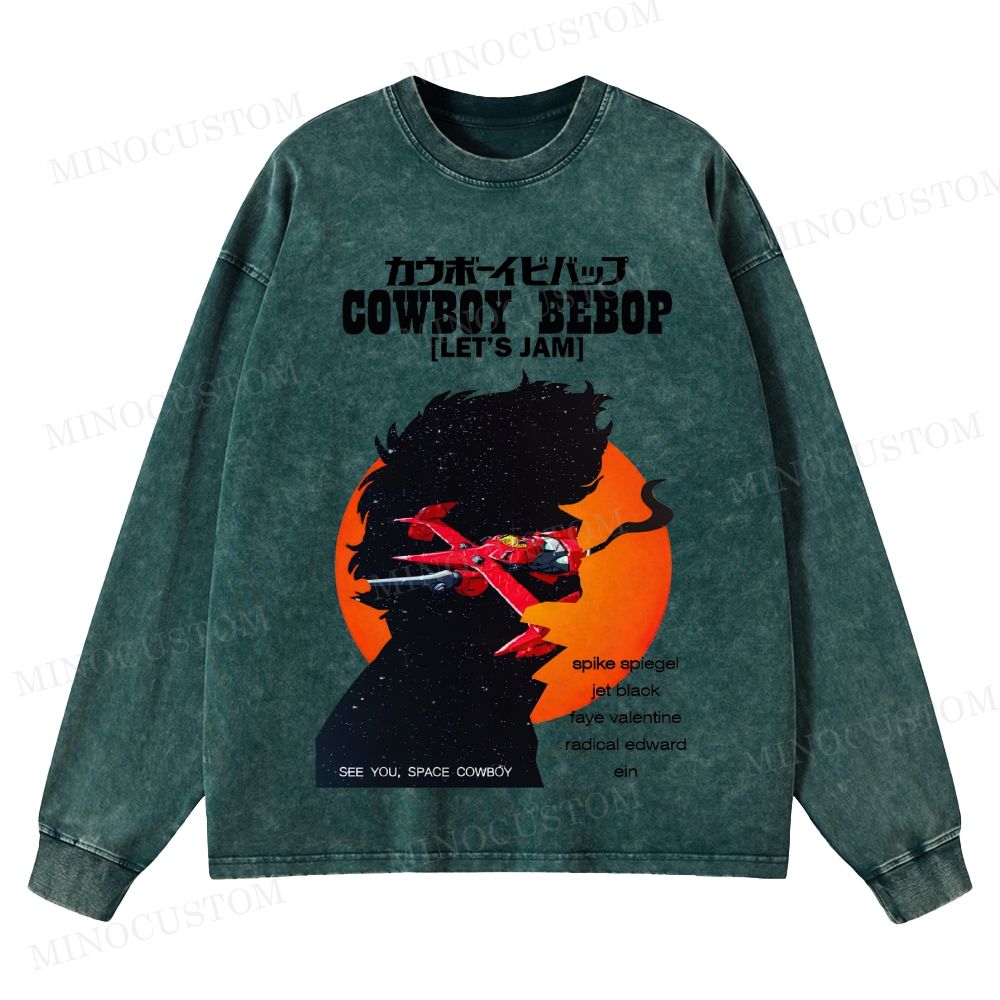 Cowboy Bebop Let’s Jam Retro Anime Sci-Fi Graphic Washed Vintage Long Sleeve Shirt