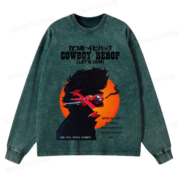 Cowboy Bebop Let’s Jam Retro Anime Sci-Fi Graphic Washed Vintage Long Sleeve Shirt