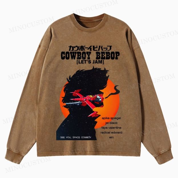 Cowboy Bebop Let’s Jam Retro Anime Sci-Fi Graphic Washed Vintage Long Sleeve Shirt