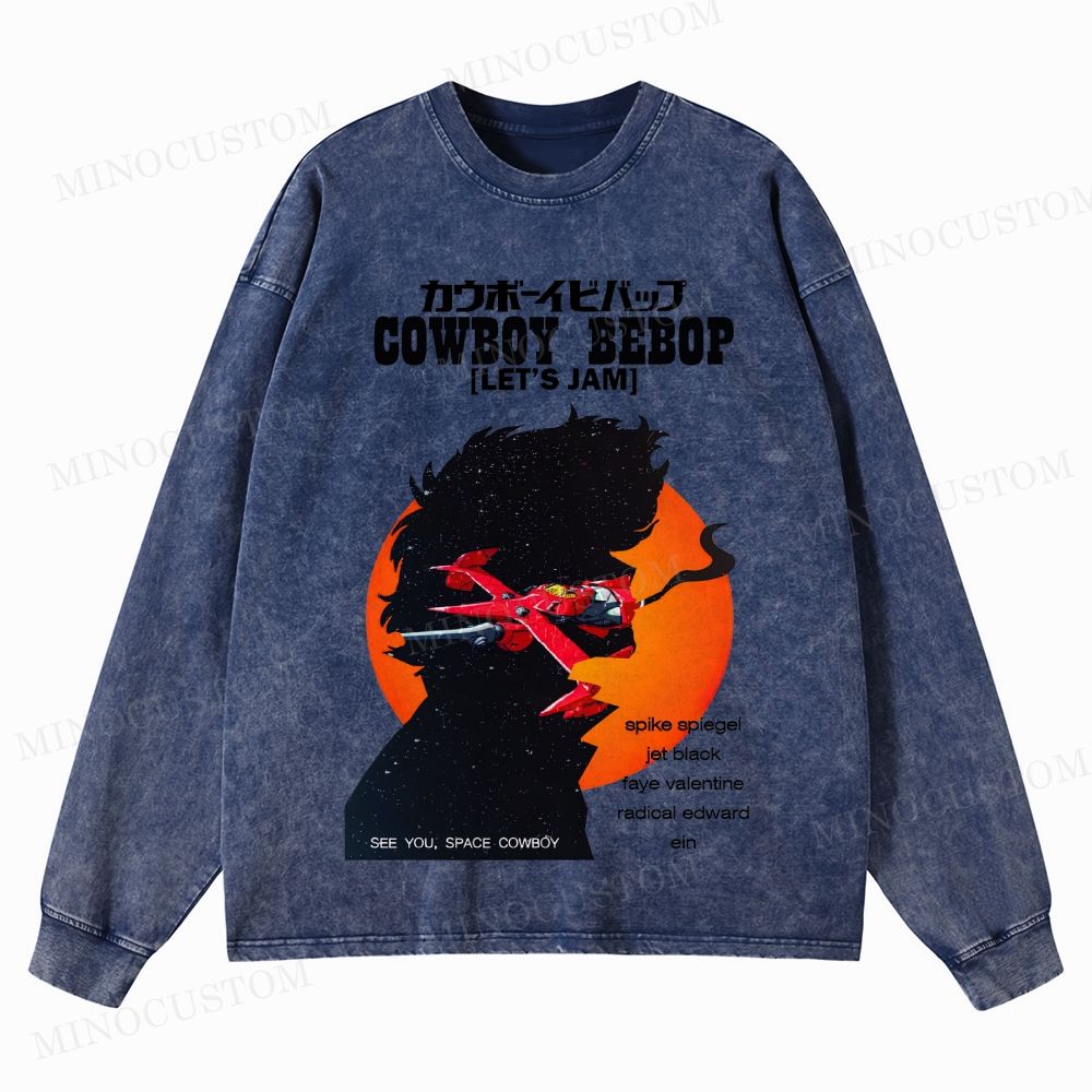 Cowboy Bebop Let’s Jam Retro Anime Sci-Fi Graphic Washed Vintage Long Sleeve Shirt