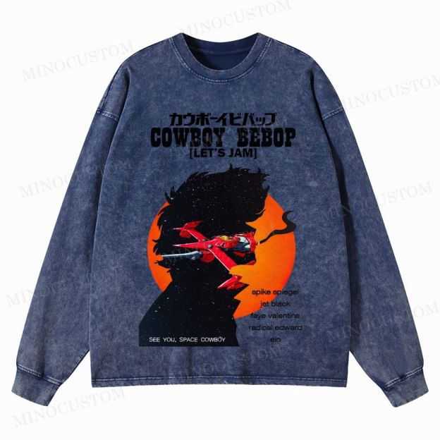 Cowboy Bebop Let’s Jam Retro Anime Sci-Fi Graphic Washed Vintage Long Sleeve Shirt