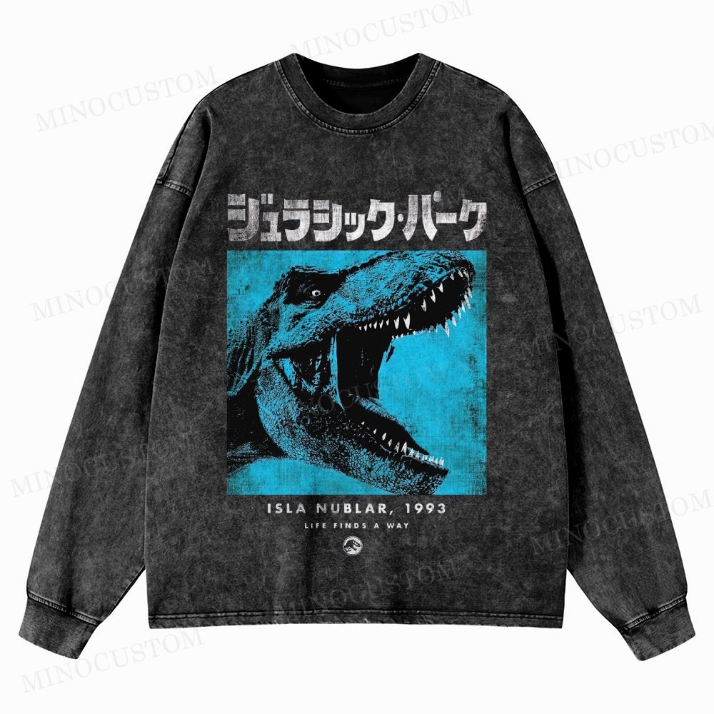 Jurassic Park Retro Sci-Fi Adventure Graphic Washed Vintage Long Sleeve Shirt