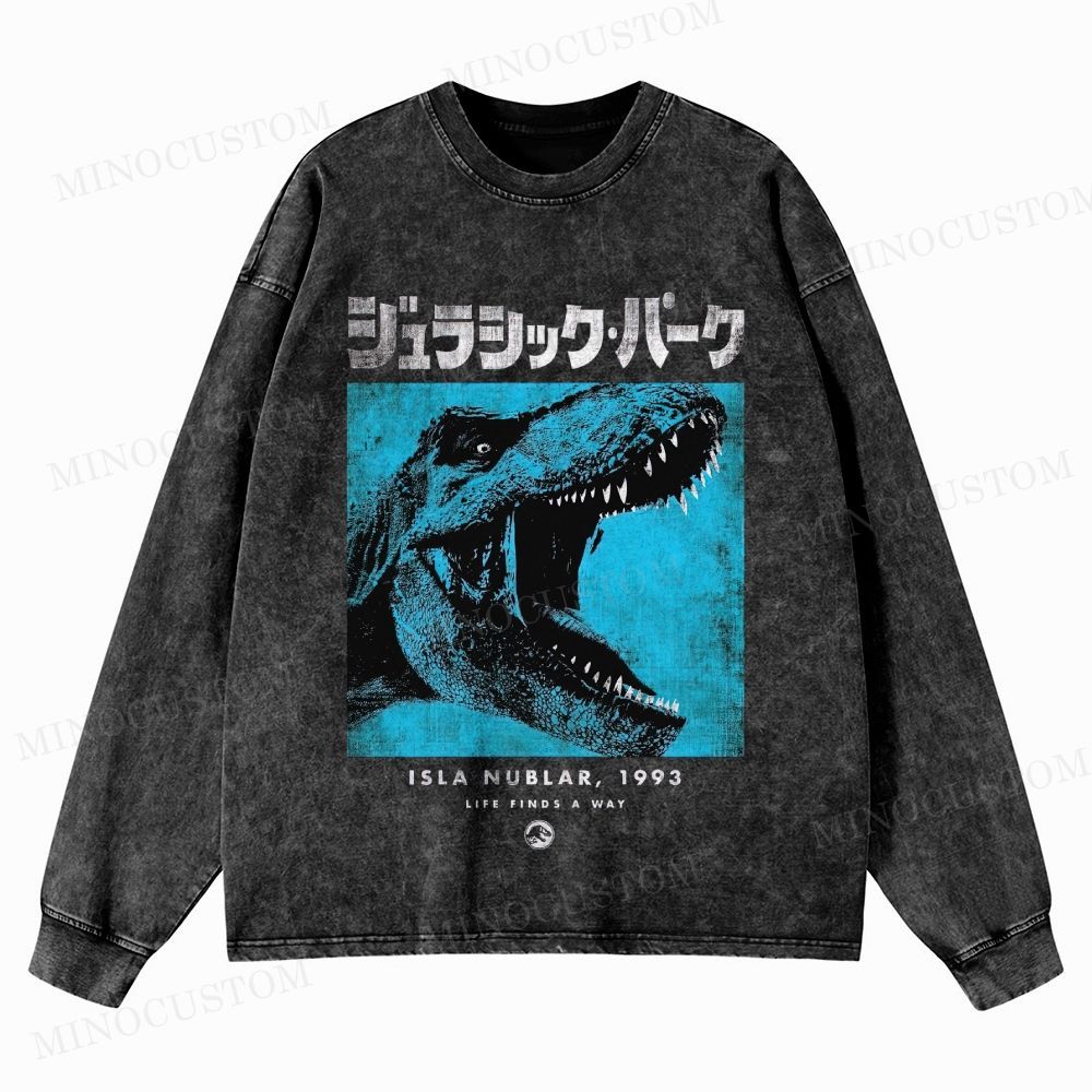 Jurassic Park Retro Sci-Fi Adventure Graphic Washed Vintage Long Sleeve Shirt