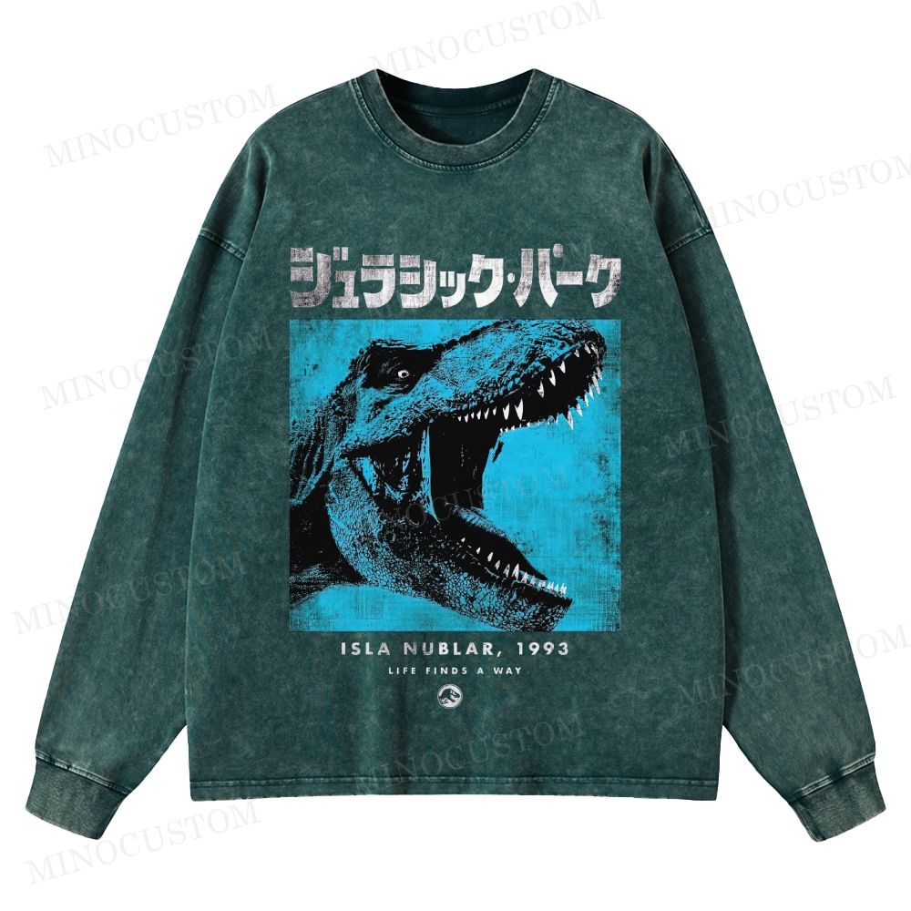 Jurassic Park Retro Sci-Fi Adventure Graphic Washed Vintage Long Sleeve Shirt