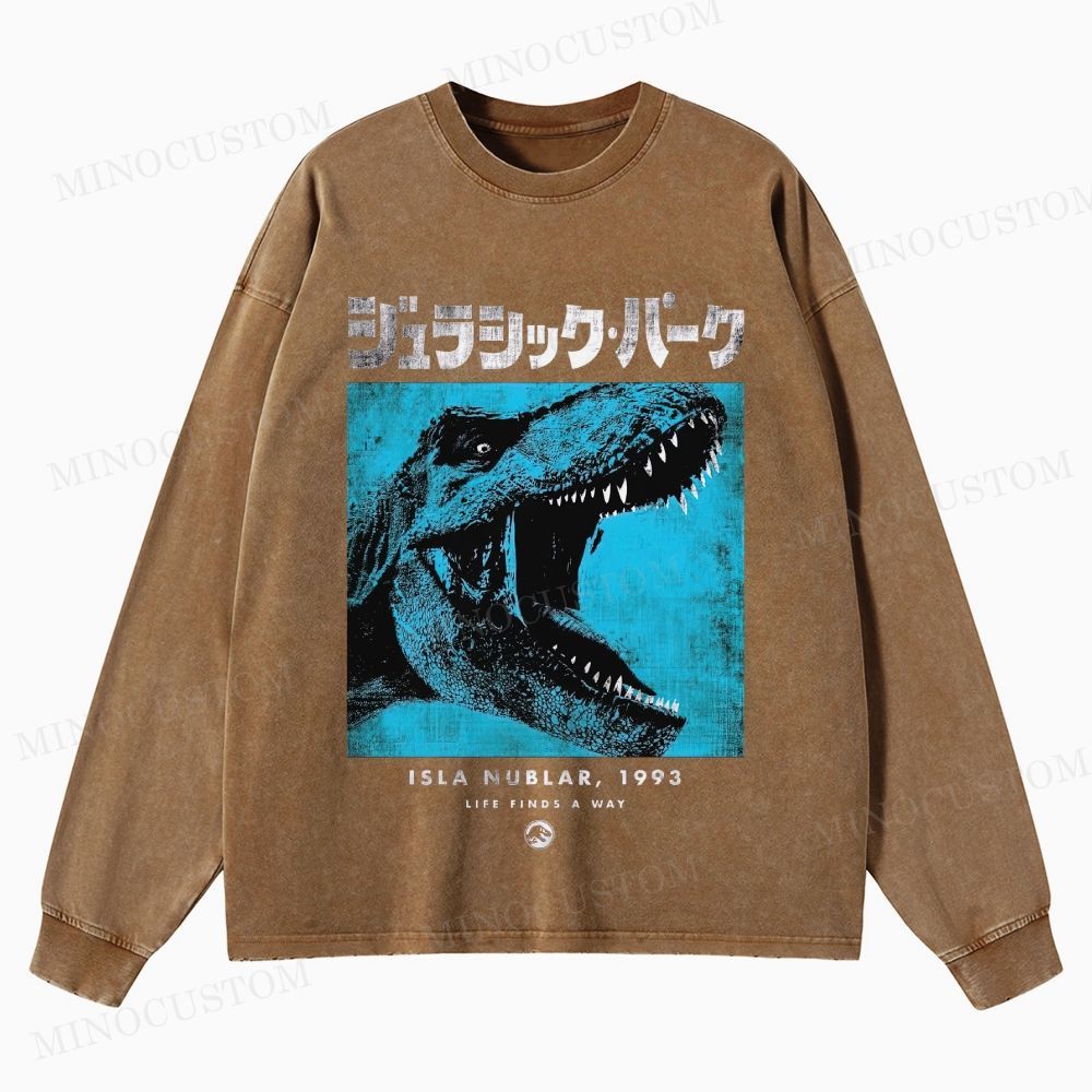Jurassic Park Retro Sci-Fi Adventure Graphic Washed Vintage Long Sleeve Shirt